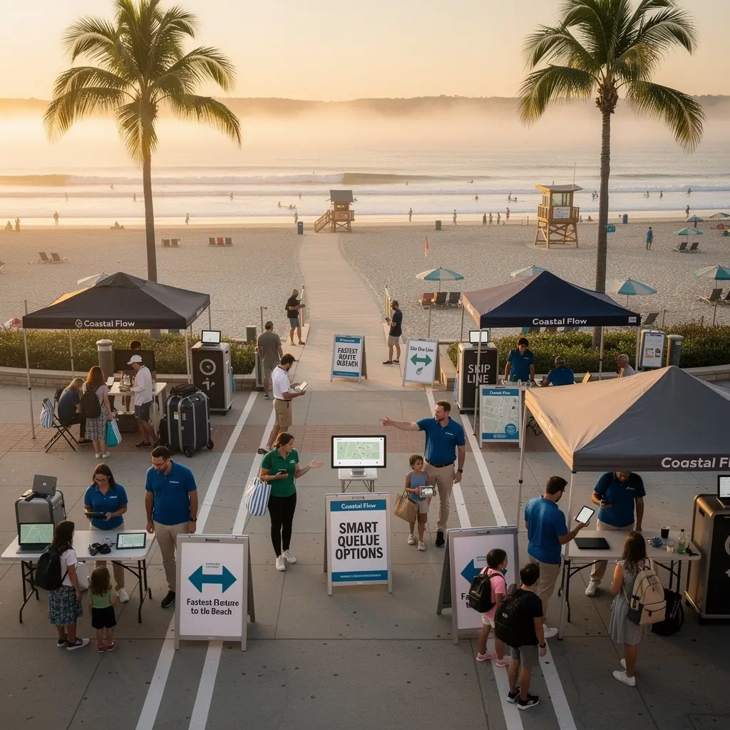 Grupa turystów korzystających z aplikacji do unikania kolejek.