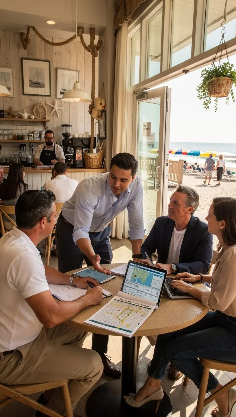 Grupa turystów korzystających z aplikacji mobilnej do unikania tłumów.