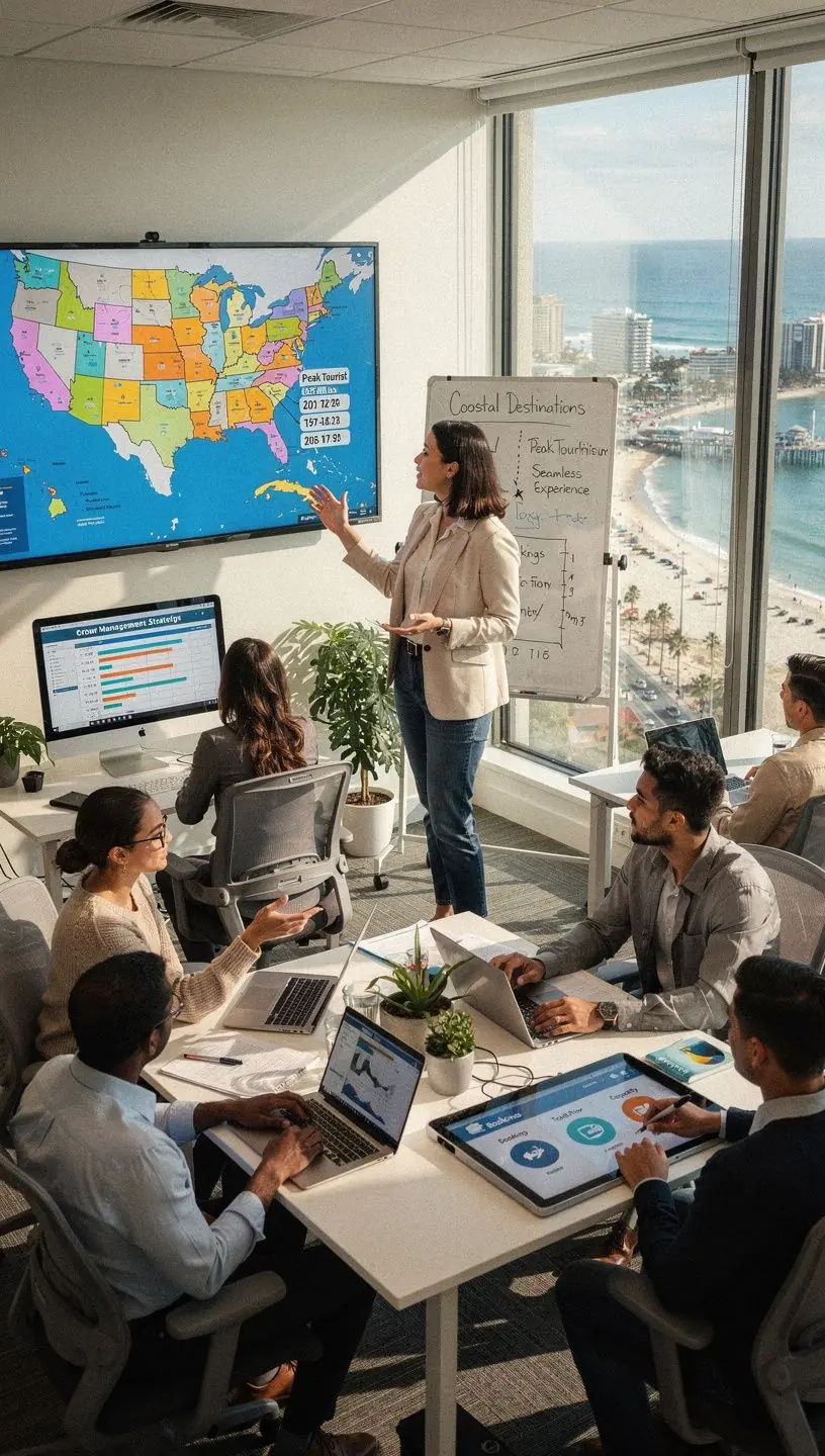 Koordynacja logistyki podróży na wybrzeżu z widokiem na morze i plażę.