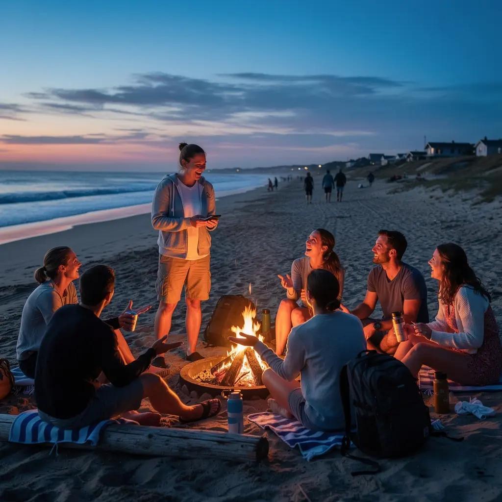 Widok na plażę z turystami korzystającymi z usług transportowych.