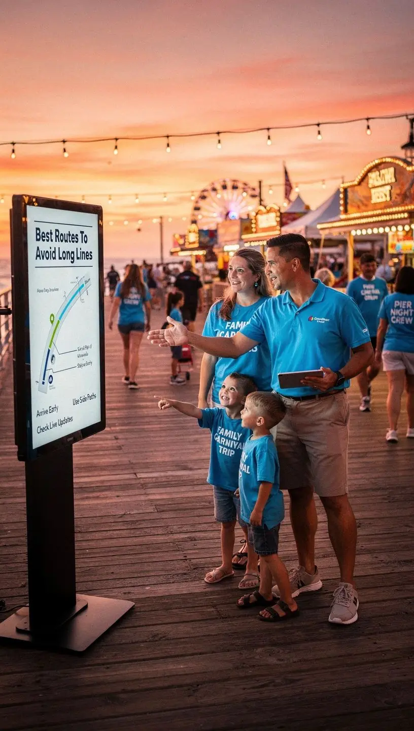 Pracownik obsługi wskazujący drogę do punktu informacji turystycznej.