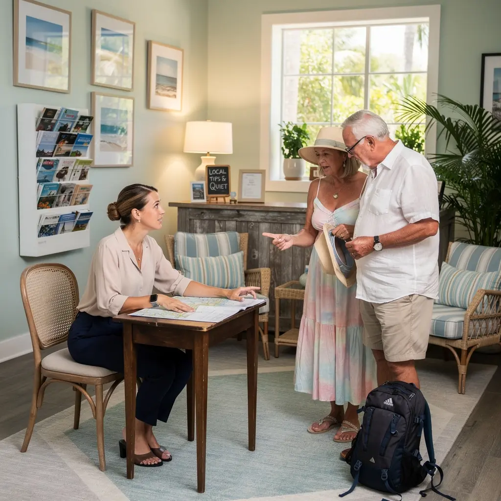 Zachód słońca nad morzem z symbolami oznaczającymi unikanie tłumów.