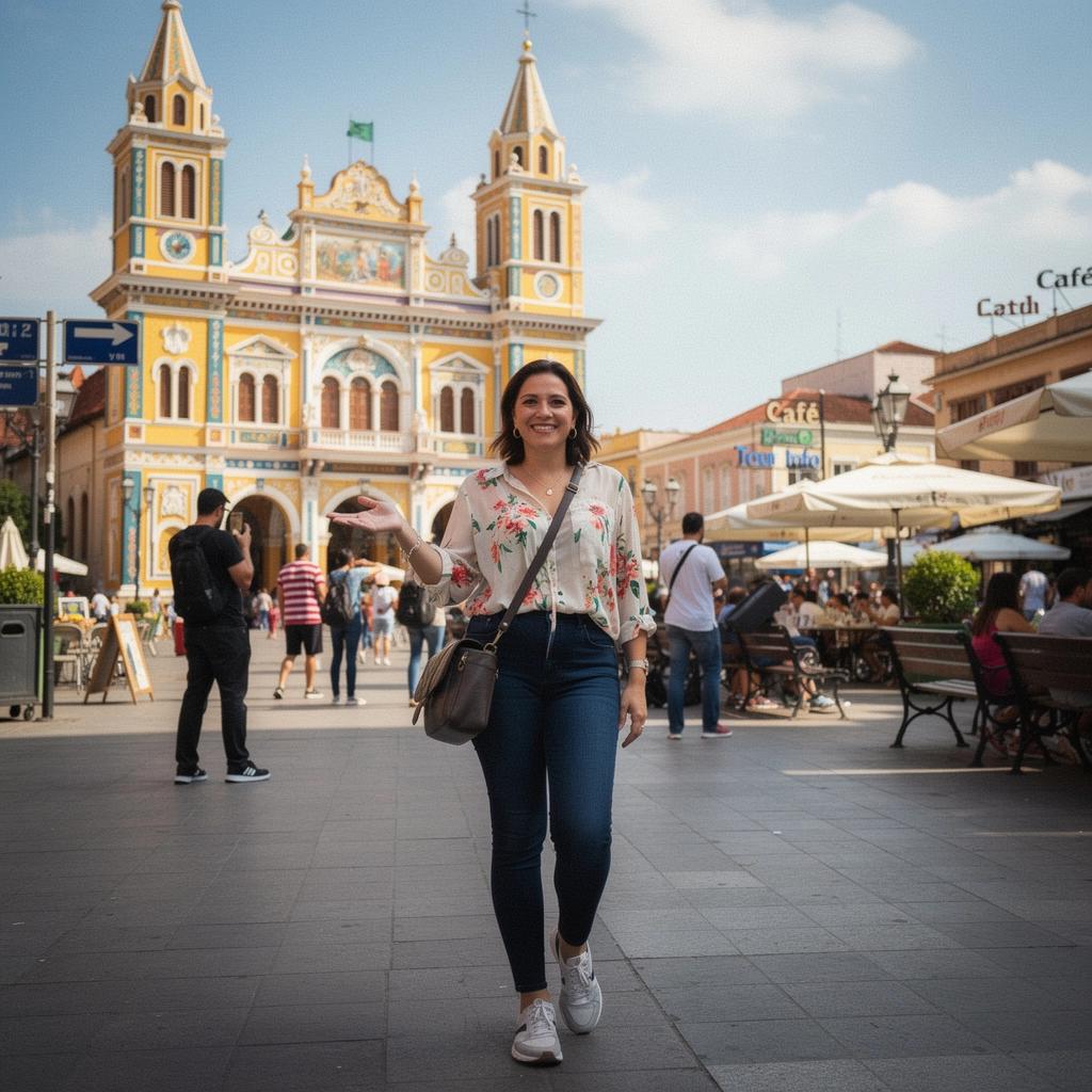 Widok na zatłoczoną plażę z informacjami o najlepszym czasie na wizytę.
